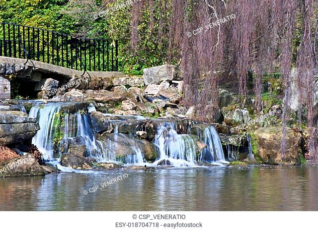 Lovely natural ornamental gardens in Spring with lake and waterfall