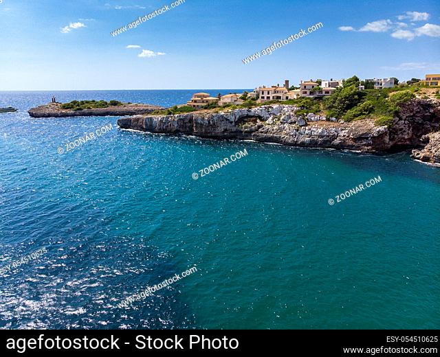 Aerial view, Porto Cristo, coast with villas and natural harbor, Mallorca, Balearic Islands Spain