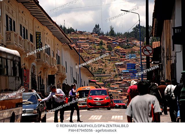 Out and about in the old capital of the powerful Inca empire and the later colonial town of Cuzco. View of a busy street in the Old Town. Taken 25.10