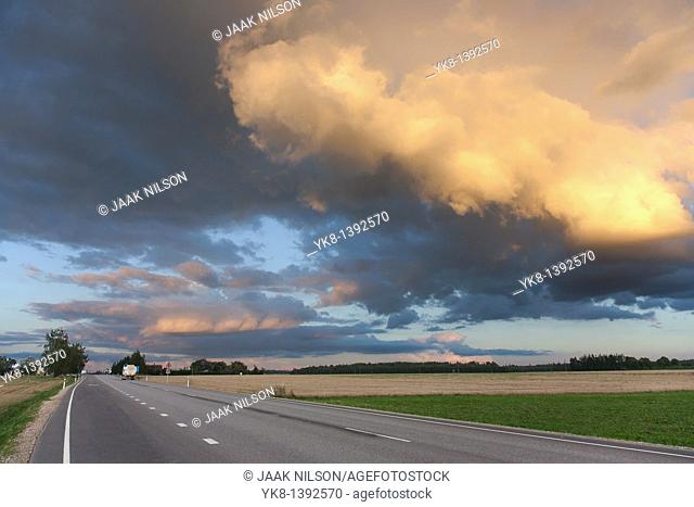 Dramatic Low Clouds Over Highway, Estonia