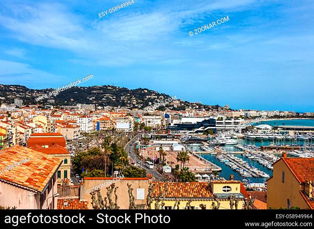City of Cannes cityscape in France, view to Le Vieux Port and Palais des Festivals on French Riviera