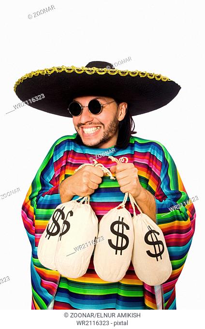 Handsome man in vivid poncho holding money bags isolated on white