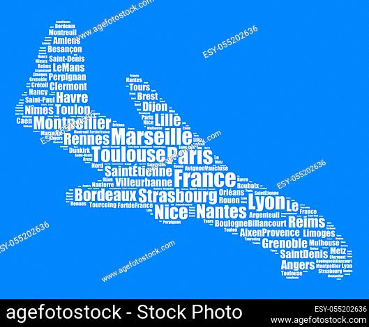 Localities in France word cloud concept over airplane shape