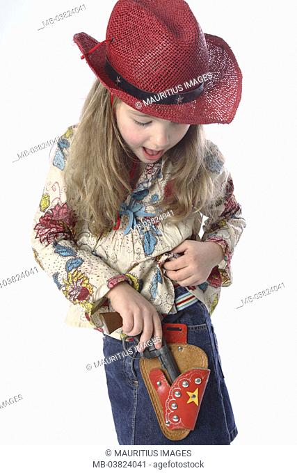 Girls, disguise, Cowgirl, Holster,  Pistol, pockets, on the side,   Child, 8-10 years, long-haired, headgear, hat, cowboy hat, carnival, carnival outfit, outfit