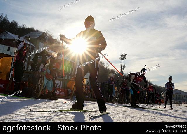 RUSSIA, UFA - DECEMBER 15, 2023: Biathletes compete in the men's sprint in Stage 2 of the 2023/2024 Commonwealth Biathlon Cup at Biatlon sports centre