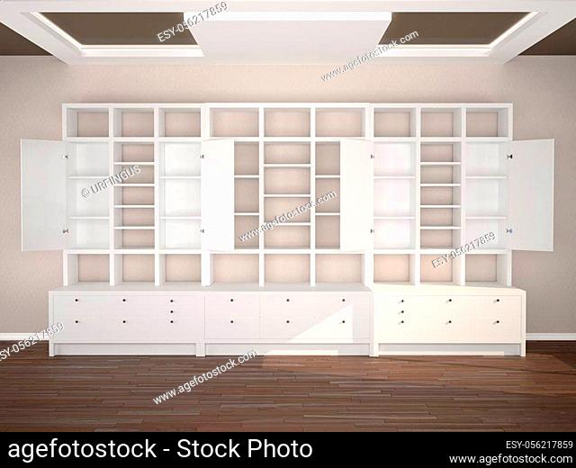 open white cabinets with empty shelves. 3d illustration