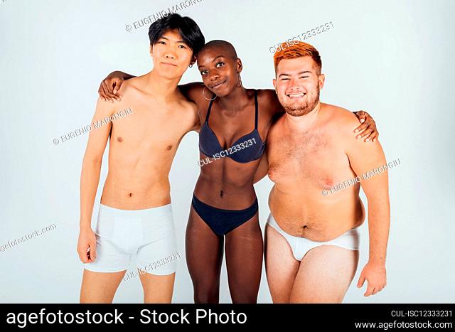 Female and male friends wearing underwear