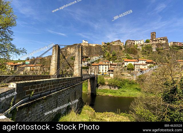 Chilhac village in Haut-Allier region. Bridge on river Allier, Haute Loire departement, Auvergne, France, Europe