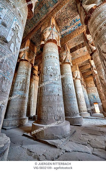 EGYPT, QENA, 07.11.2016, columns of Hathor temple in ptolemaic Dendera Temple complex, Qena, Egypt, Africa - Qena, Egypt, 07/11/2016