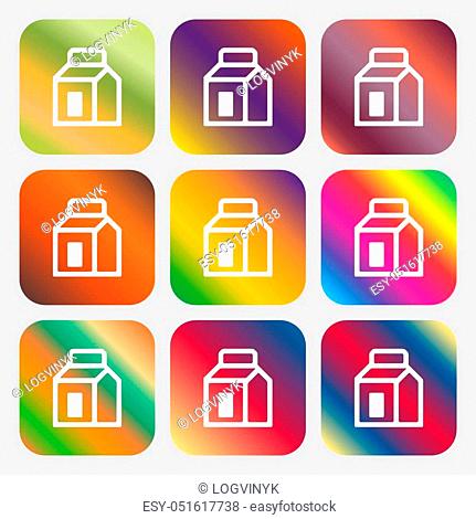 Milk, Juice, Beverages, Carton Package icon. Nine buttons with bright gradients for beautiful design. Vector illustration