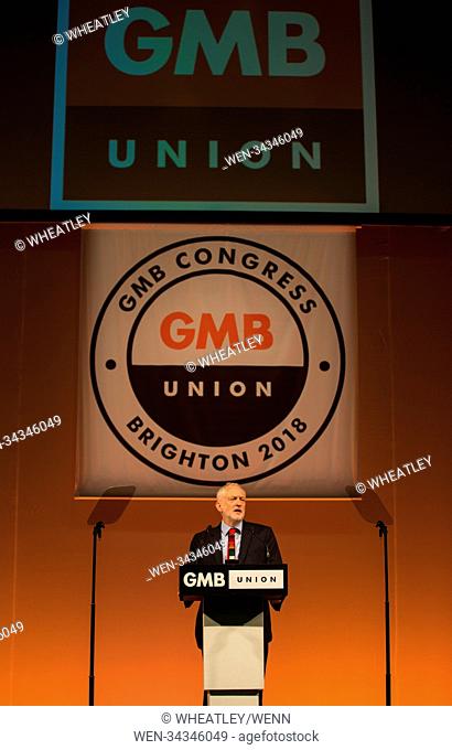 Leader of the opposition, Jeremy Corbyn MP, speaking at the GMB union’s 101st congress. Brighton Conference Centre, East Sussex, UK