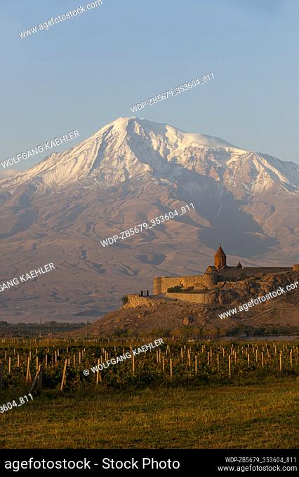 View of Mount Ararat and Khor Virap, an Armenian monastery located in the Ararat plain in Armenia, near the closed border with Turkey