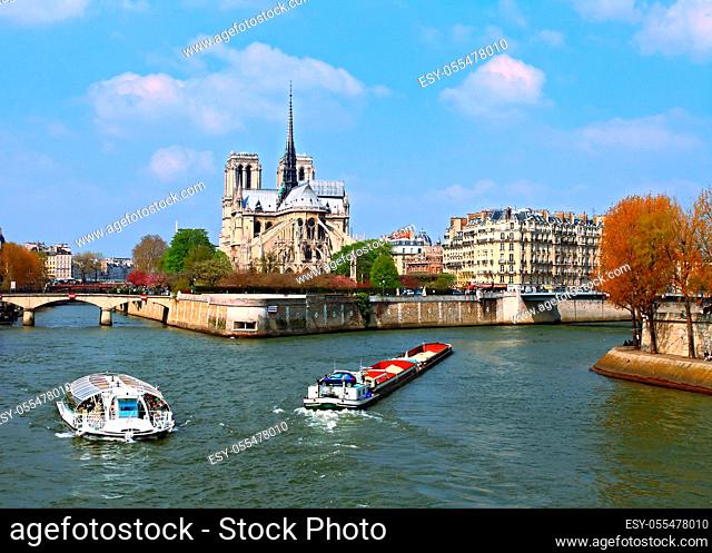Passenger cruise at Cathedral Notre Dame, river Seine Paris France