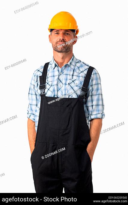 Portrait of a workman in coveralls and yellow hardhat isolated on white background