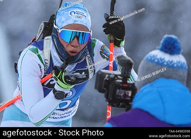 RUSSIA, KHANTY-MANSIYSK - NOVEMBER 19, 2023: Russia's Kristina Reztsova (L) poses for a photograph after finishing in the ladies' pursuit at the 2023...