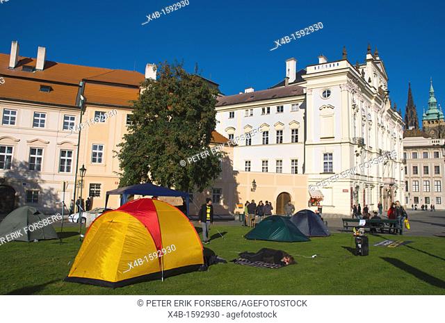 Occupy movement tents Hradcanske namesti square Hradcany castle district Prague Czech Republic Europe