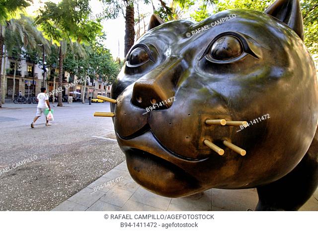 The Cat sculpture by Fernando Botero, painter, sculptor and draftsman Colombian born on April 19, 1932 in Medellin (Colombia). Rambla del Raval