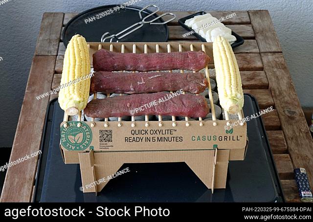 17 July 2021, Berlin: A disposable grill with the grate made of bamboo and lamb (lamb salmon) and corn on the cob on it, stands on a table after lighting the...