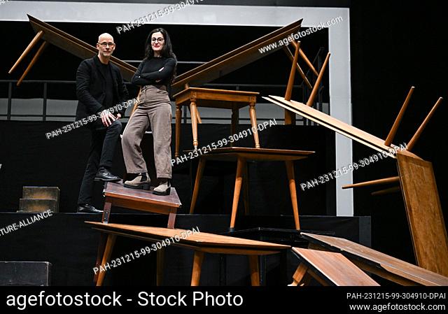 14 December 2023, Saxony, Leipzig: Director Ilaria Lanzino and set designer Dirk Becker stand in the middle of the set design for ""Mary