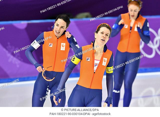 21 February 2018, South Korea, Gangneung, Winter Olympics, women's speed skating team pursuit event, finals, Japan vs. Netherlands