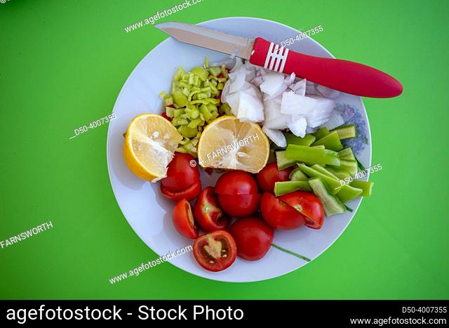 A plate of fresh vegetables on a green background