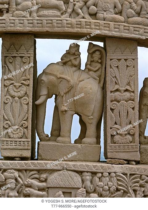 Horses and elephants occupy the space between architraves, Uttari toran dwar, North gate, Stupa one, Sanchi, Madhya pradesh, India