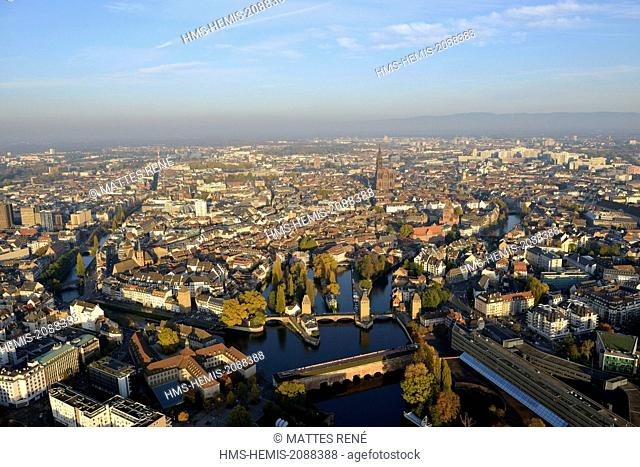 France, Bas Rhin, Strasbourg, old town listed as World Heritage by UNESCO, the Covered Bridges over the River Ill and Notre Dame Cathedral (aerial view)
