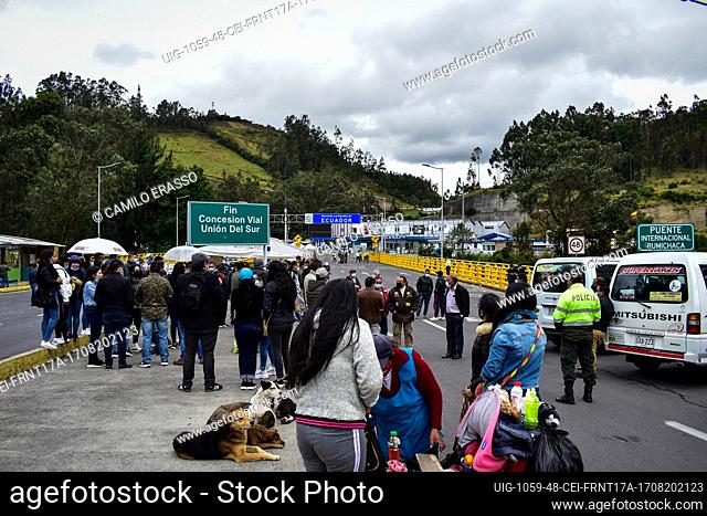 Drivers of public service vehicles hold protest on the Rumichaca International bridge that conects the countries of Colombia and Ecuador demanding the opening...