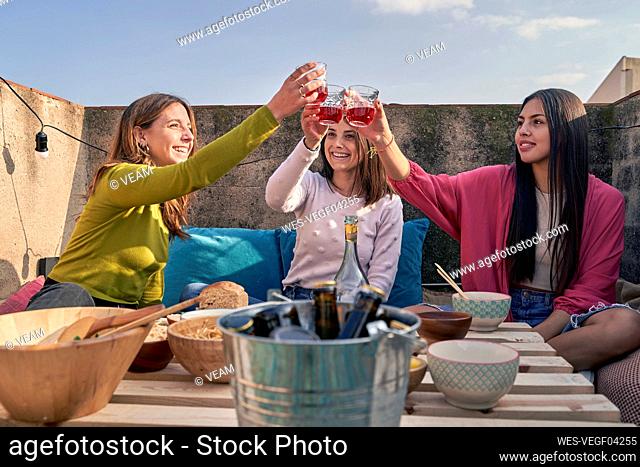 Female friends toasting wine glass while eating food on rooftop