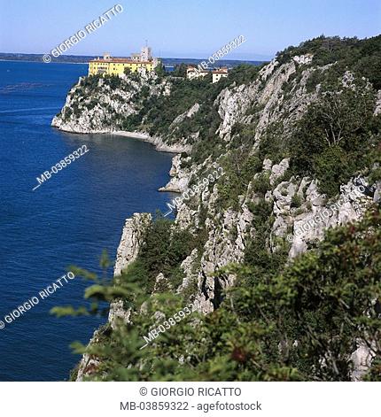 Italy, Friaul, Duino, rock-coast, Castello Nuovo, North-Italy, coast-region, steep-coast, coast, castle, fortress, castle-installation, palace, construction