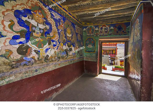 Paintings on the wall at Thiksey Monastery or Thiksey Gompa passage, Ladakh, India