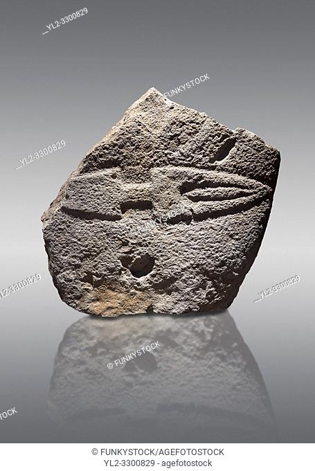 Fragmant of a Late European Neolithic prehistoric Menhir standing stone with carving of a knife on its face side. Excavated from Palas de Nuraxi II, Laconi
