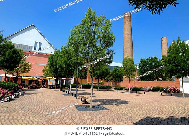 France, Haut Rhin, Mulhouse, the Fabrique and brick chimneys of former industrial buildings in the Mer Rouge (Red Sea) neighborhood
