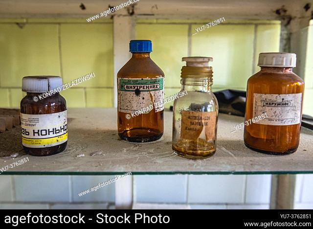 Medicines in Hospital No. 126 of Pripyat ghost city, Chernobyl Nuclear Power Plant Zone of Alienation around nuclear reactor disaster, Ukraine