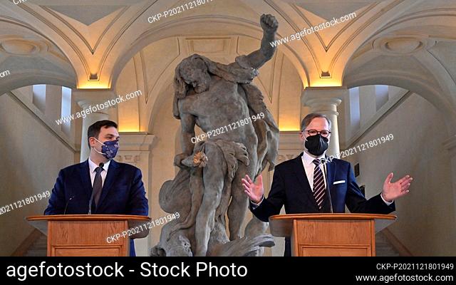 New Czech Prime Minister Petr Fiala (ODS; right) inaugurated new Foreign Affairs Minister of his cabinet Jan Lipavsky (Pirates; left)