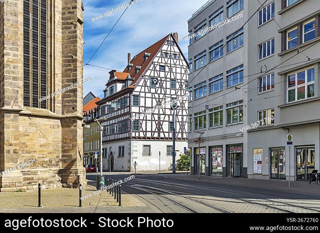 The historic half-timbered house at the corner of Johannesstrasse, Kraempferstrasse is located in the old town of Erfurt, capital of Thuringia, Germany, Europe