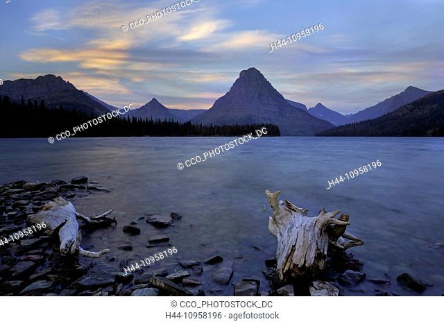 Two Medicine Lake at sunrise in the fall at Glacier National Park, National Park, Montana. USA