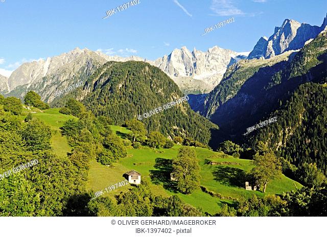 View from the mountain village of Soglio on Bondasca group with Sciora, Piz Cengalo and Piz Badile, hiking trail Via Bragaglia and Sentiero Panoramico