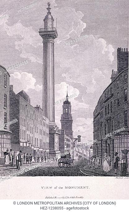View south along Fish Street Hill, London, 1796 with Monument and St Magnus the Martyr on left. Also with figures and carriages