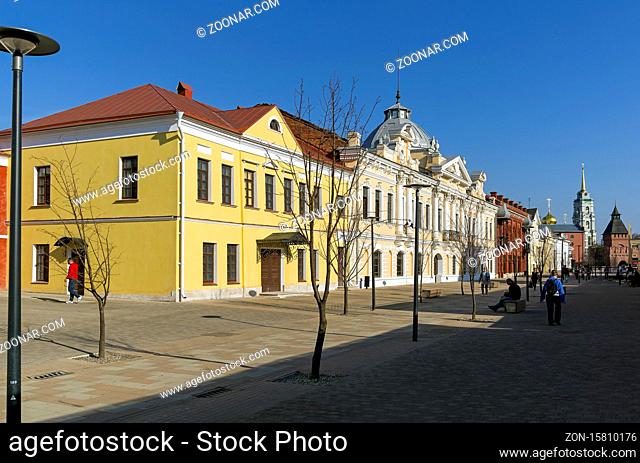 Tula, Russia - April 24, 2019: Metallistov street - a pedestrian street in the downtown of Tula, Russia. End of April. Bright sunny day