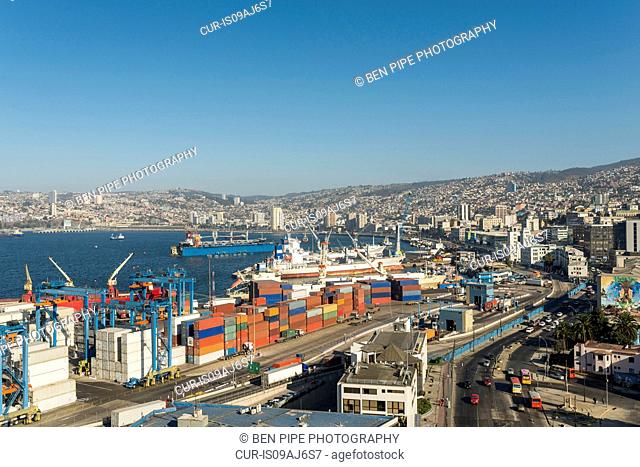 View of city and ports from Paseo 21 de Mayo, Cerro Playa Ancha, Valparaiso, Central Coast, Chile