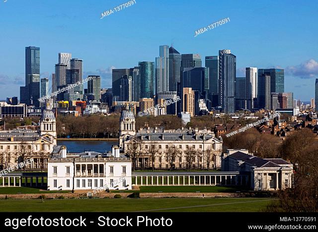 England, London, Greenwich, Canary Wharf Skyline View from Greenwich Park