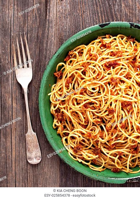 close up of rustic italian sicilian pesto spaghetti