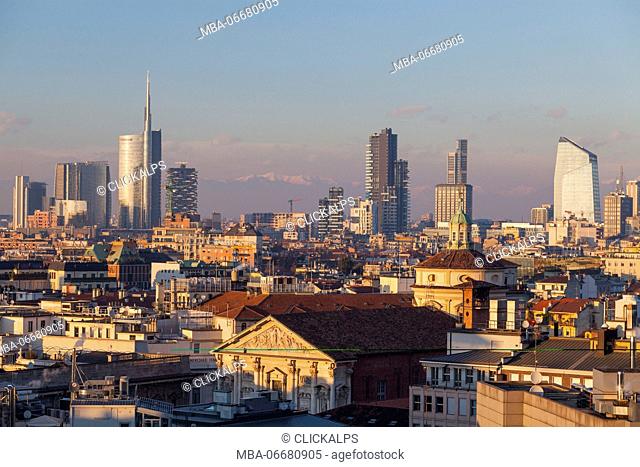 Milan, Lombardy, Italy. A panorama of city from Cathedral