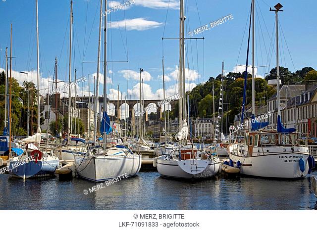 Viaduct for trains (58 m high) and port at Morlaix, Atlantic Ocean, Dept. FinistÞre, Brittany, France, Europe