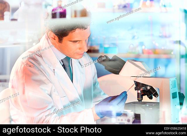 Life science male researcher microscoping in scientific genetic laboratory. Healthcare and biotechnology