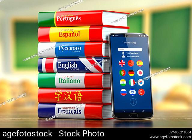 Mobile dictionary, translator and e-learning. concept . Learning languages online. Smartphone and books with language courses. 3d illustration