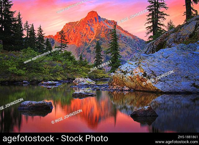 High Box peak seen from a tarn at Rampart Lakes in the Alpine Lakes Wilderness area of Washington state