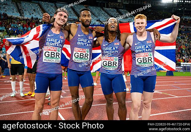 20 August 2022, Bavaria, Munich: European Championships, Athletics, 4 x 400m Relay, Men, Final at Olympic Stadium, Lewis Davey, Matthew Hudson-Smith