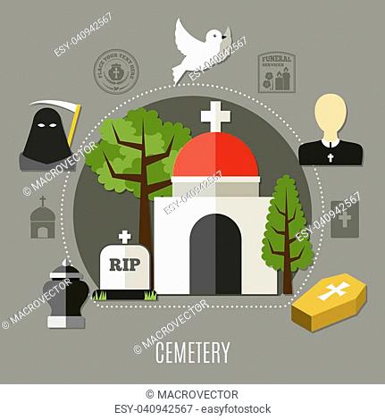 Cemetery concept set with death and church symbols flat vector illustration